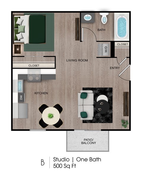 Floor plan for studio, 1 bath, 500 sqft
